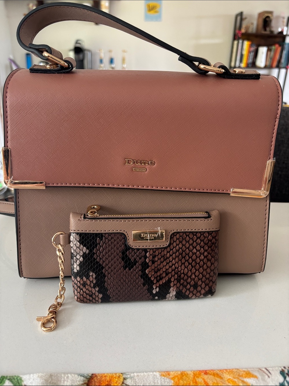 NWOT Dune London Pink and Beige Snakeskin Bag w/ coin pouch